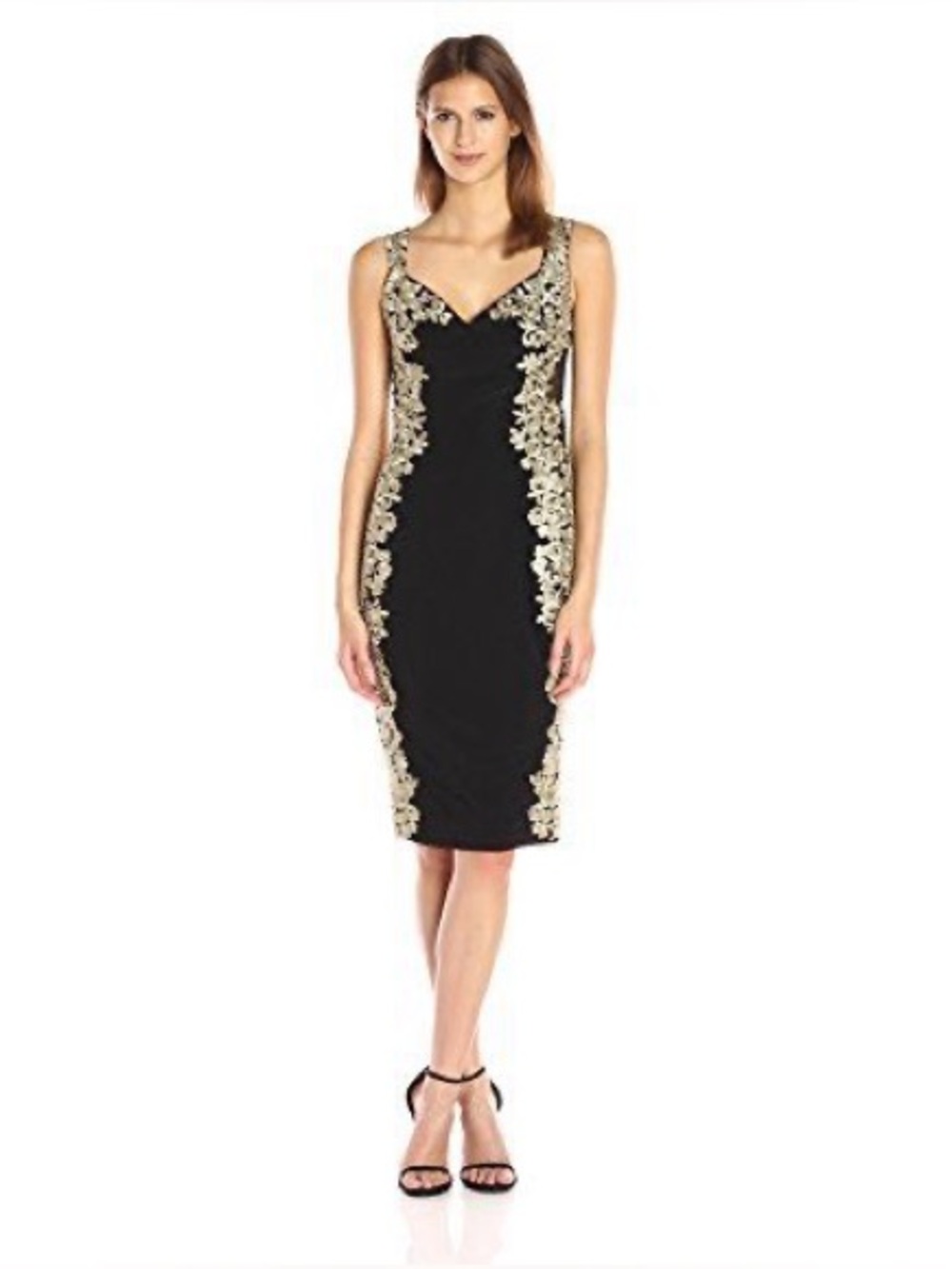 Betsy & Adam Black Sheath Midi Dress with Gold Embroidered Lace Size 2